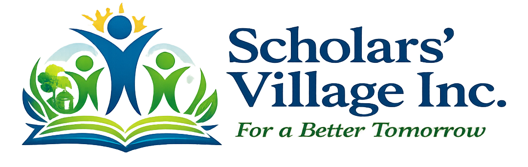 Scholars’ Village Inc. logo featuring human figures rising from an open book, symbolizing education, community empowerment, and sustainable development.